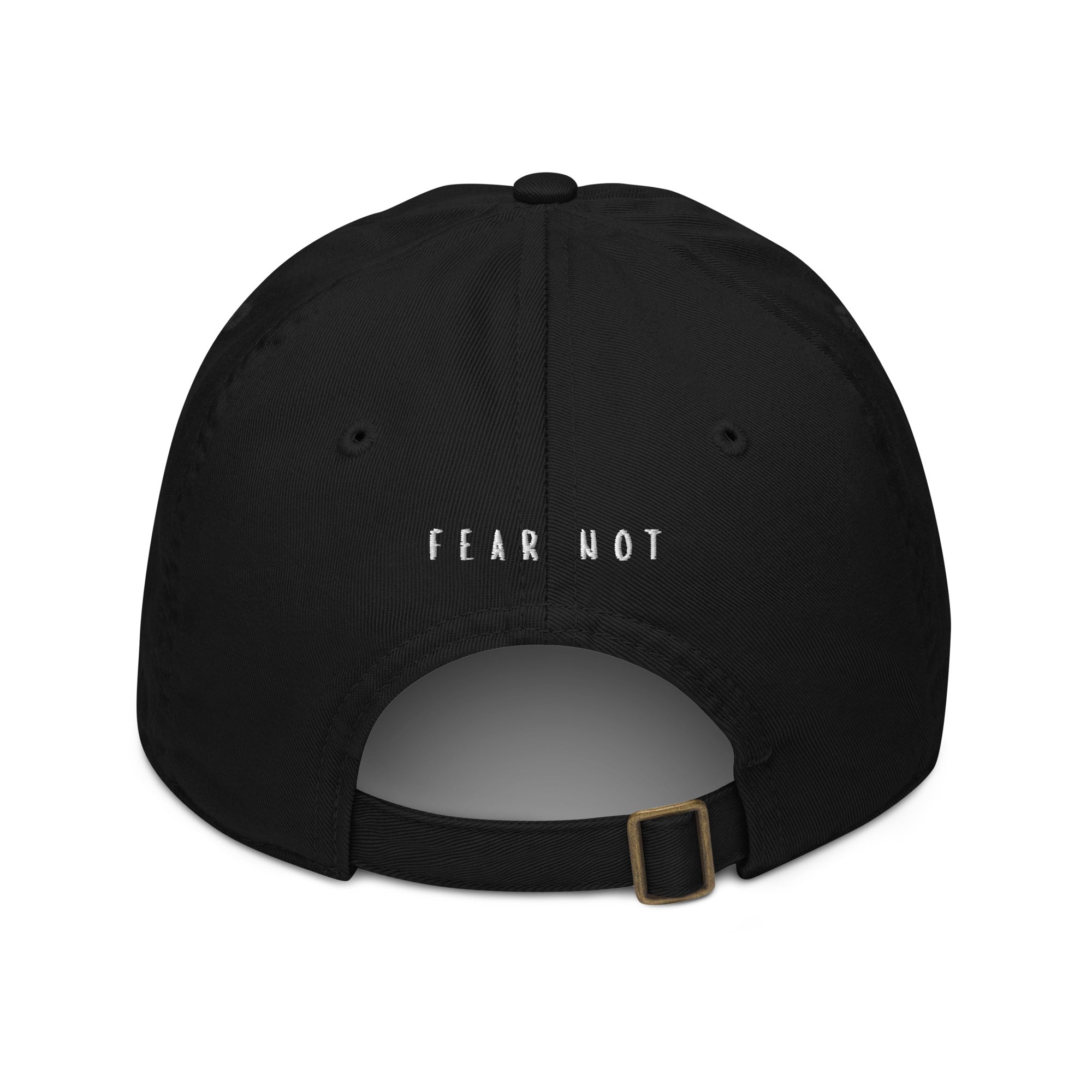 Fear Not women's organic cotton embroidered hat in black - back view