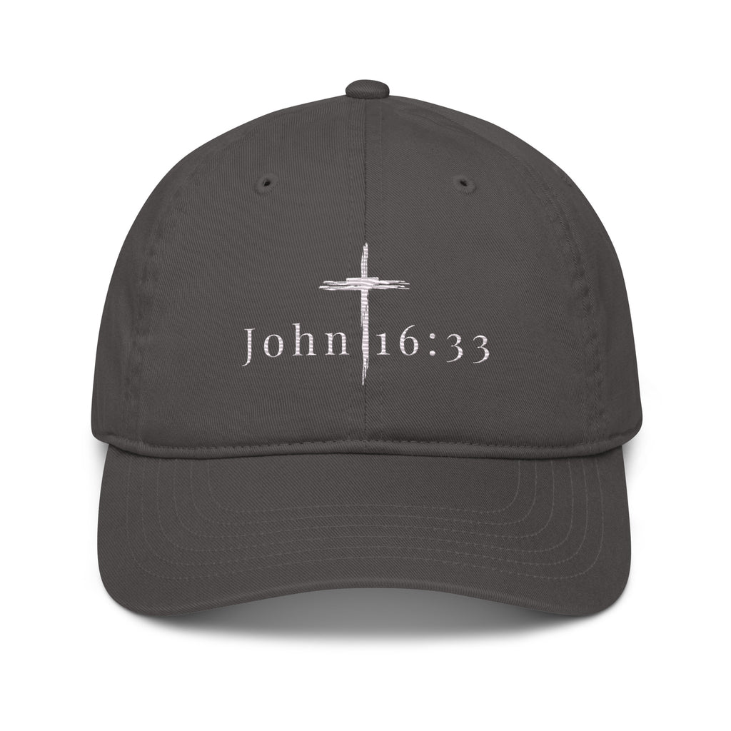 John 16:33 unisex organic cotton embroidered hat in black - front view