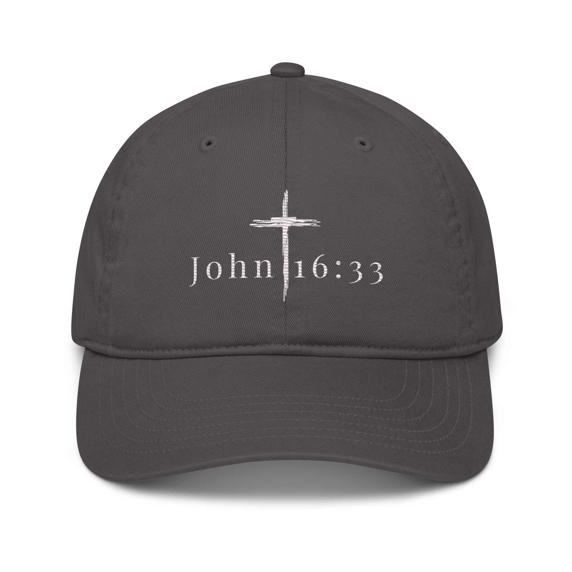 John 16:33 unisex organic cotton embroidered hat in black - front view