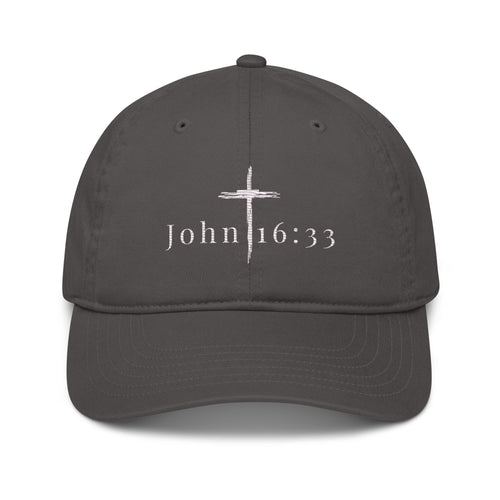 John 16:33 unisex organic cotton embroidered hat in black - front view