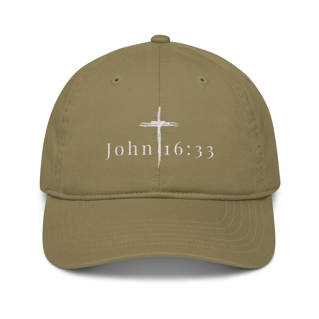 John 16:33 unisex organic cotton embroidered hat in olive- front view