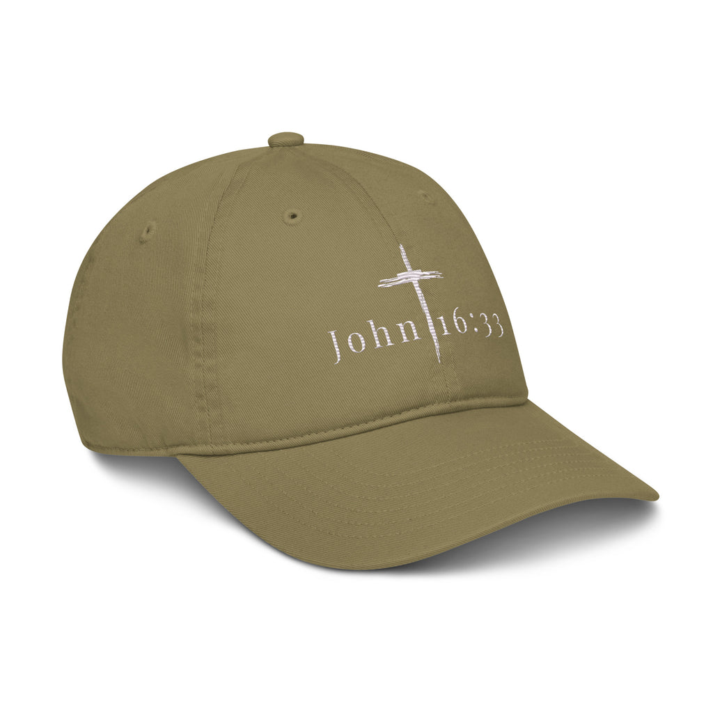 ohn 16:33 unisex organic cotton embroidered hat in olive- [angle]