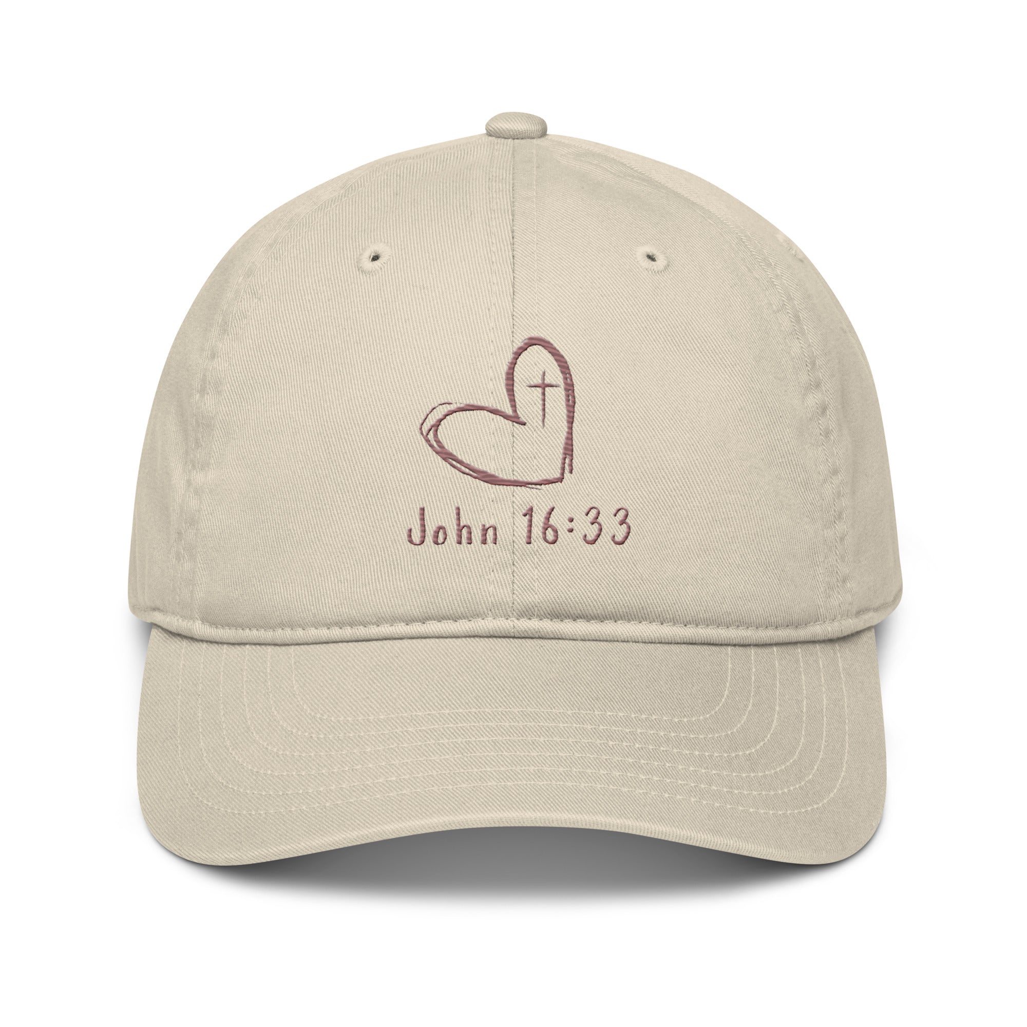 Women's John 16:33 organic cotton hat front view - embroidered Christian cap in oyster color