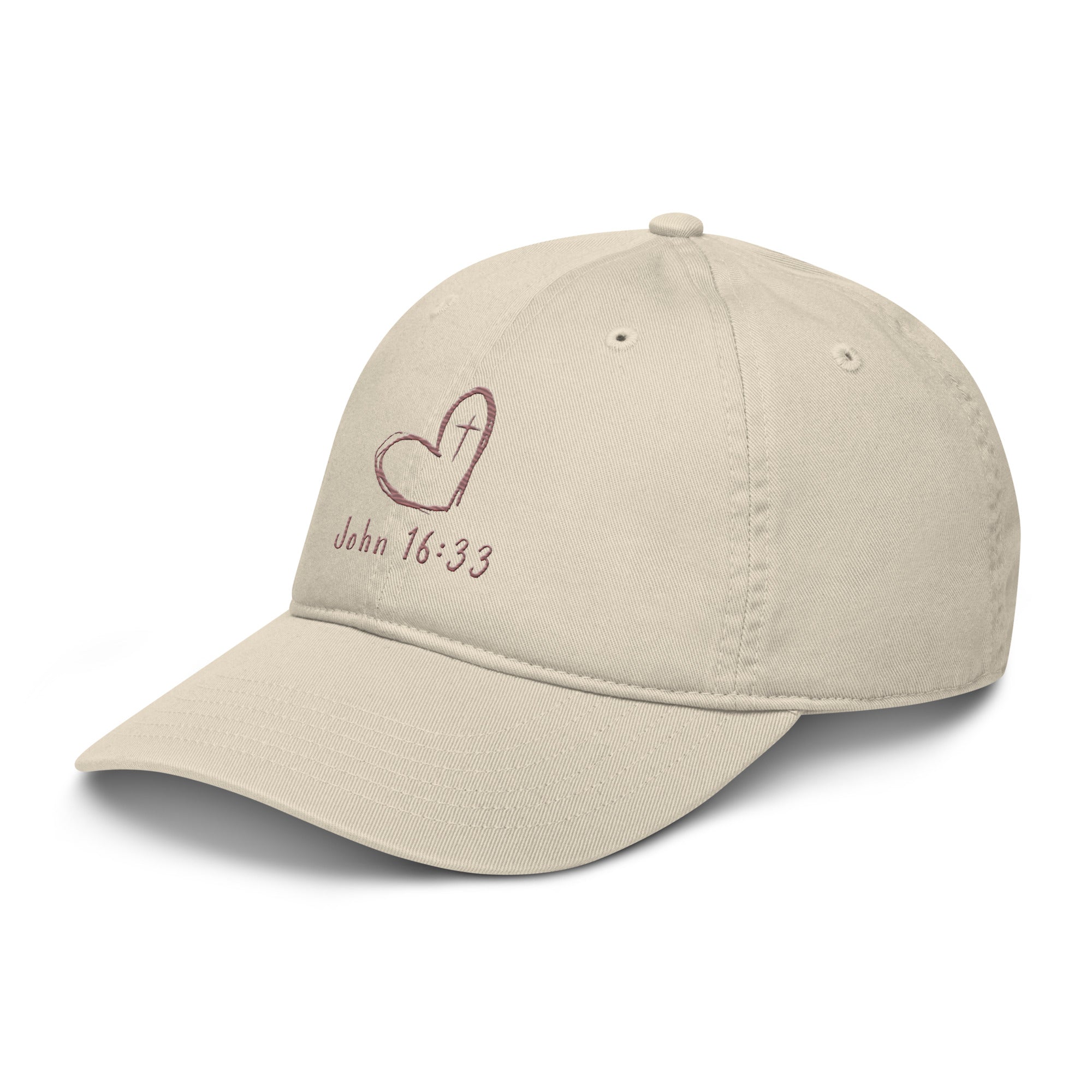 Women's John 16:33 embroidered Christian hat - organic cotton cap side view Cream color
