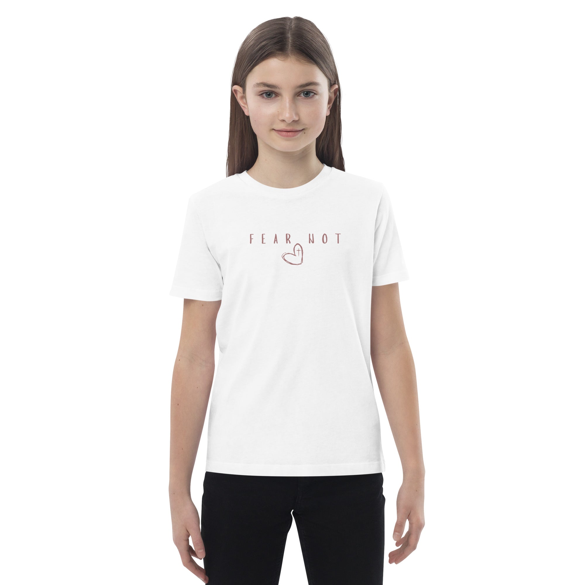 Organic cotton girls Christian t-shirt in white- front view
