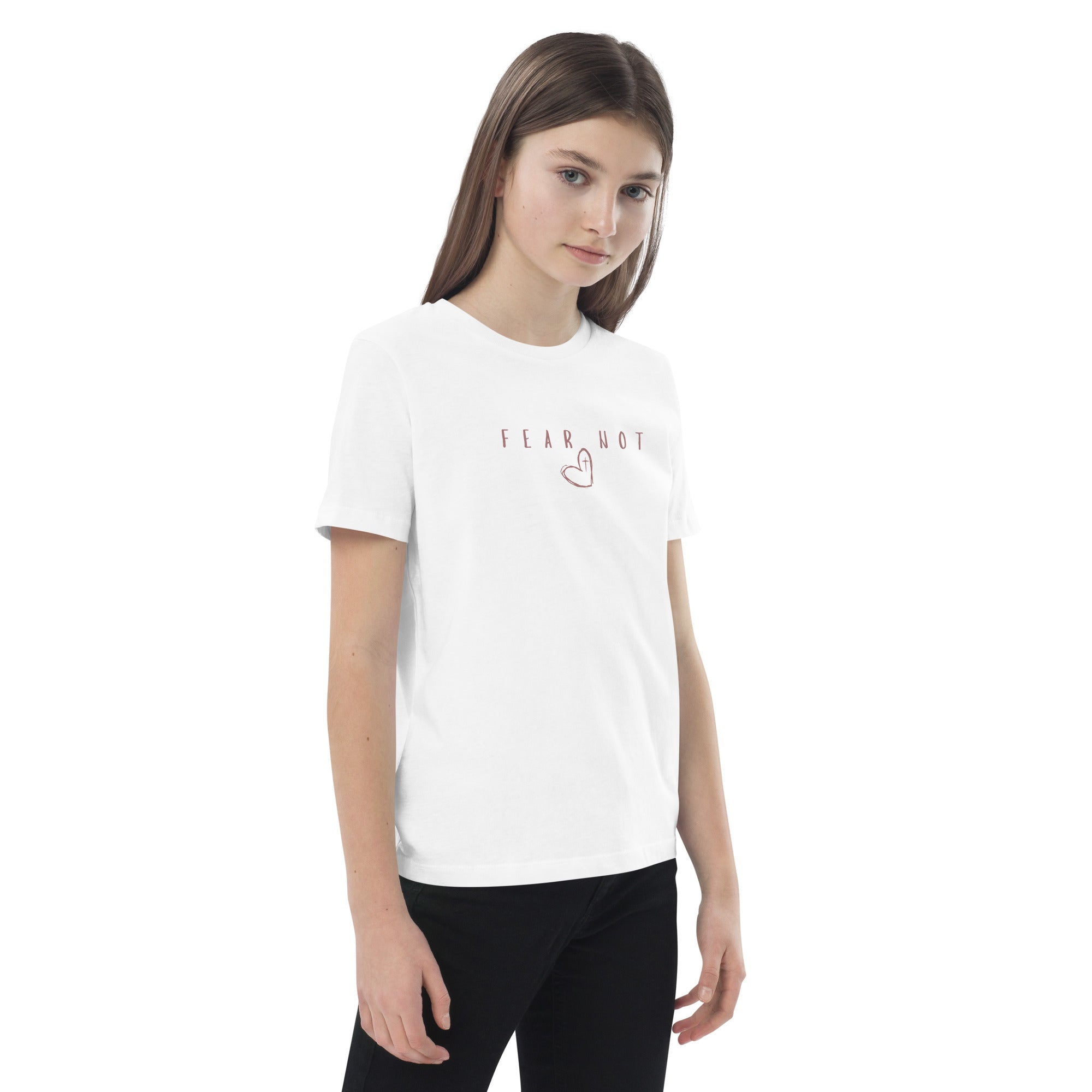 Organic cotton girls Christian t-shirt in white- front view