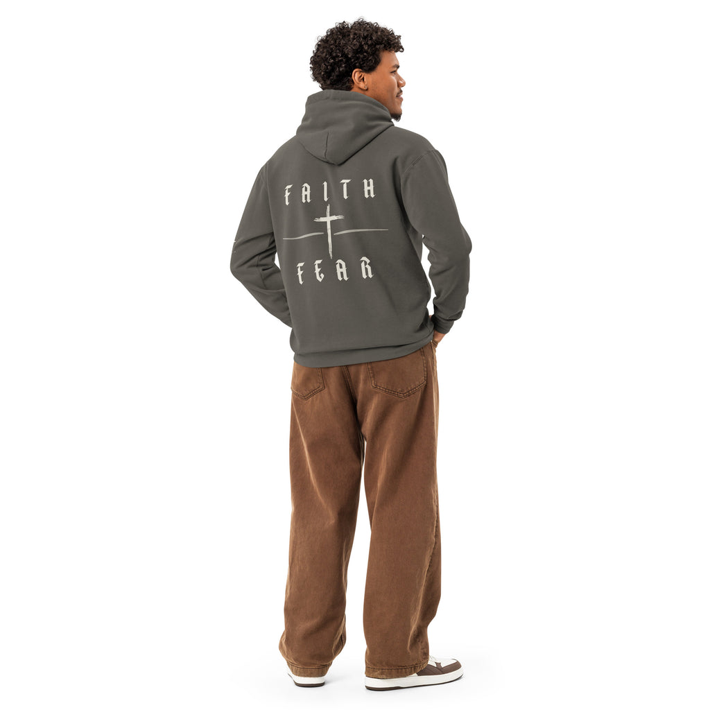Product mocMen's Faith Over Fear premium Christian hoodie in pepper - front viewkup