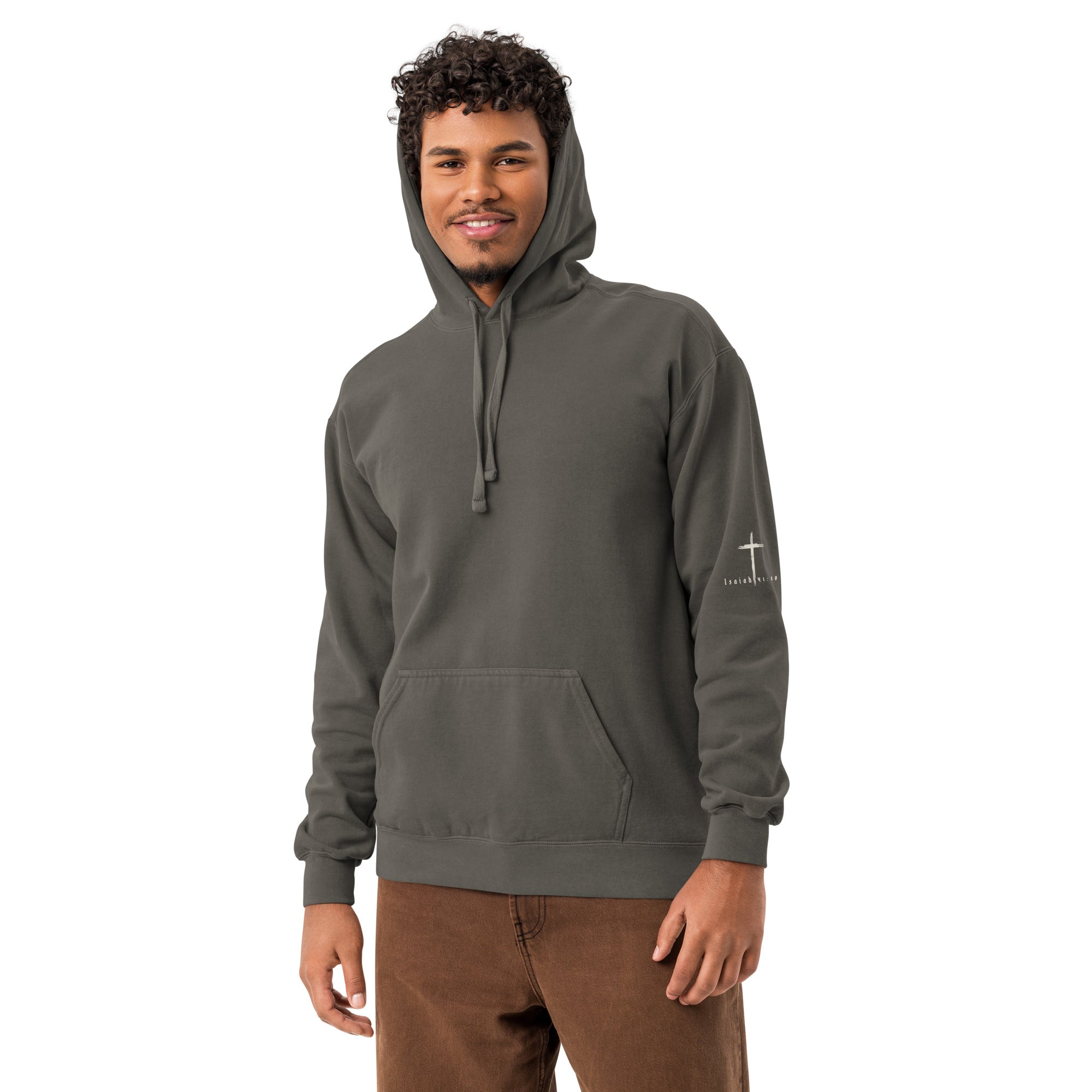 Product mockupMen's Faith Over Fear premium Christian hoodie in Pepper- front view