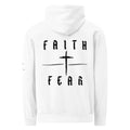 Men's Faith Over Fear signature Christian hoodie in White- back view
