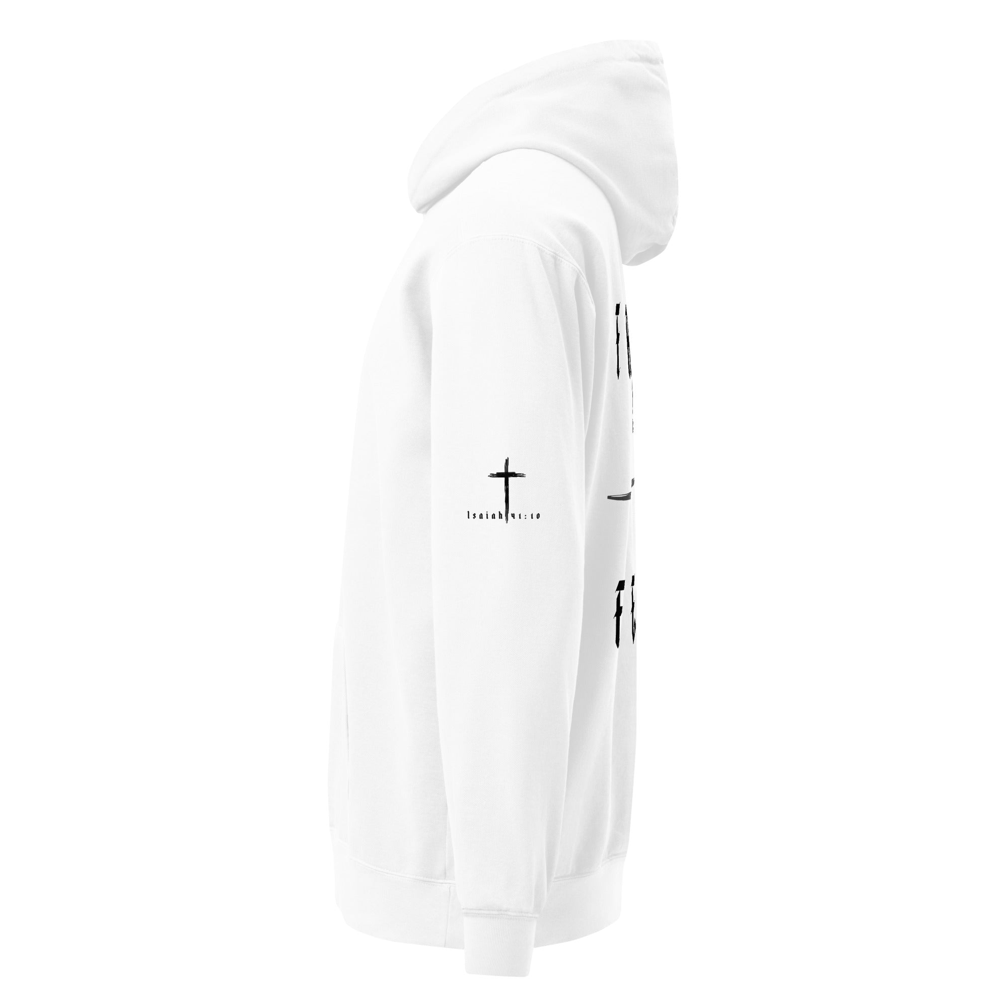 Men's Faith Over Fear signature Christian hoodie in White- side view