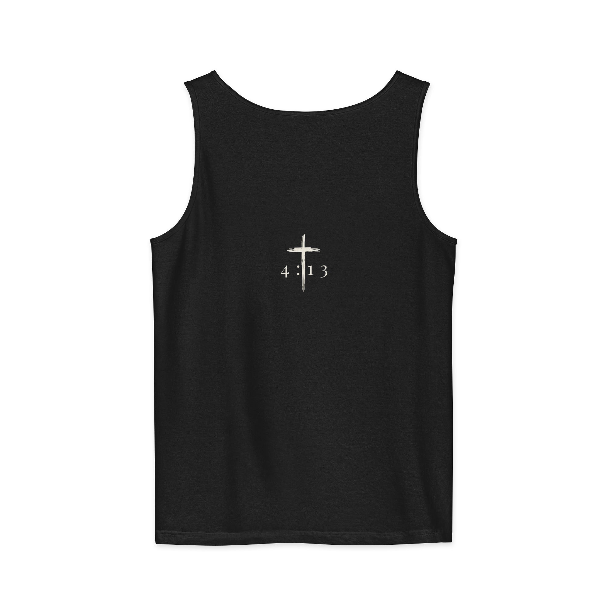 Unisex FAITH OVER FEAR garment-dyed tank in back- front view