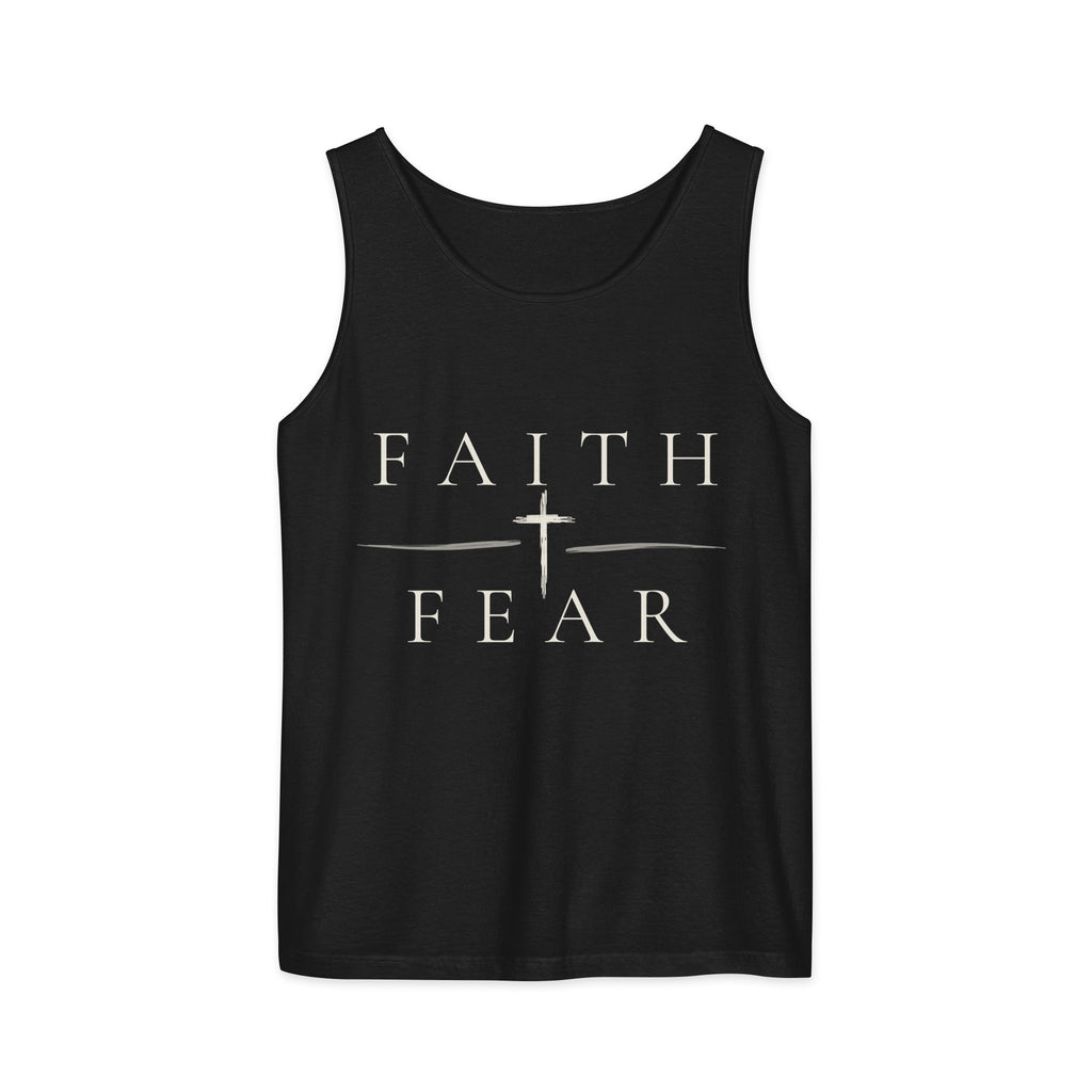 Unisex FAITH OVER FEAR garment-dyed tank in black - front view