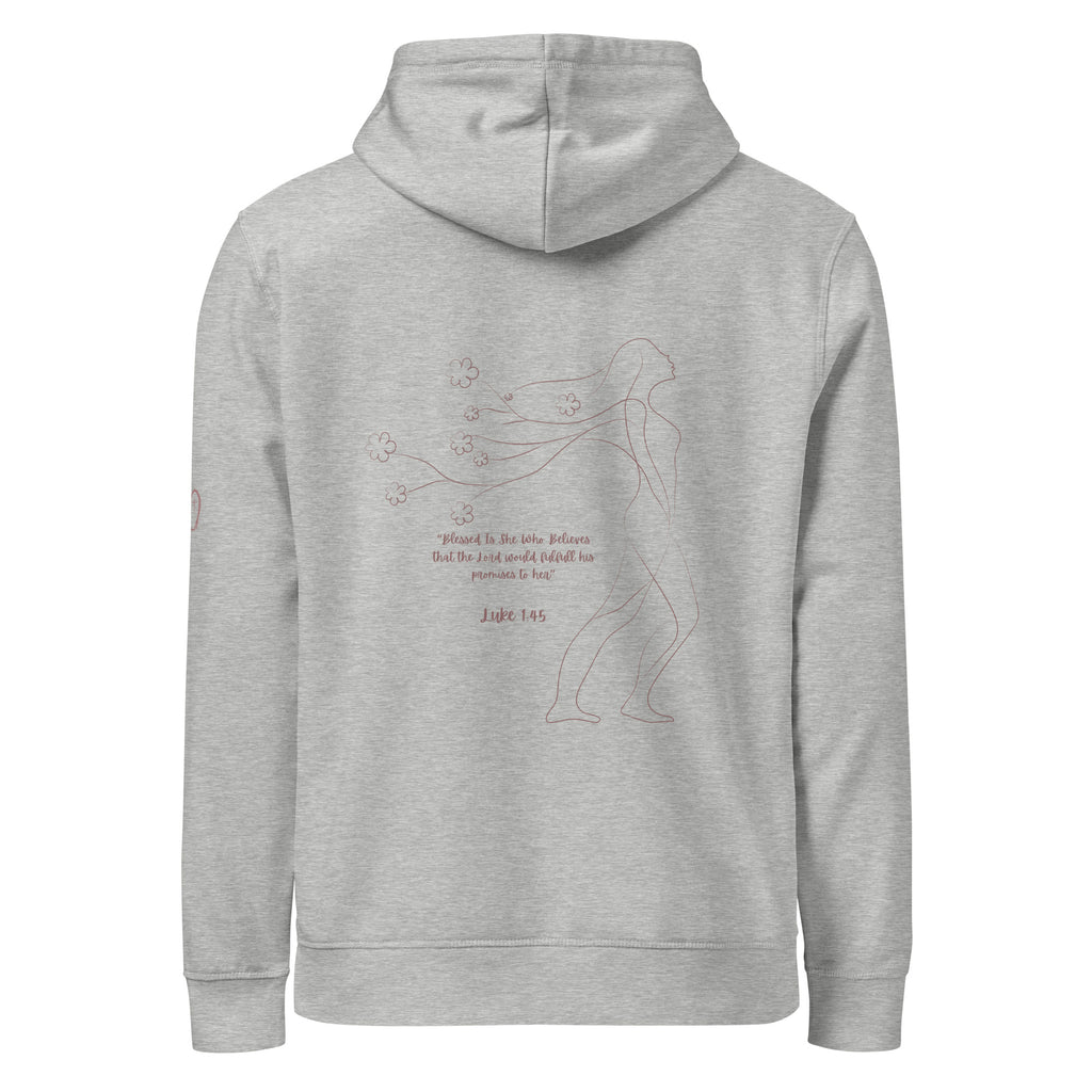 Product mockupWomen's Blessed Is She organic Christian hoodie in heather grey back view