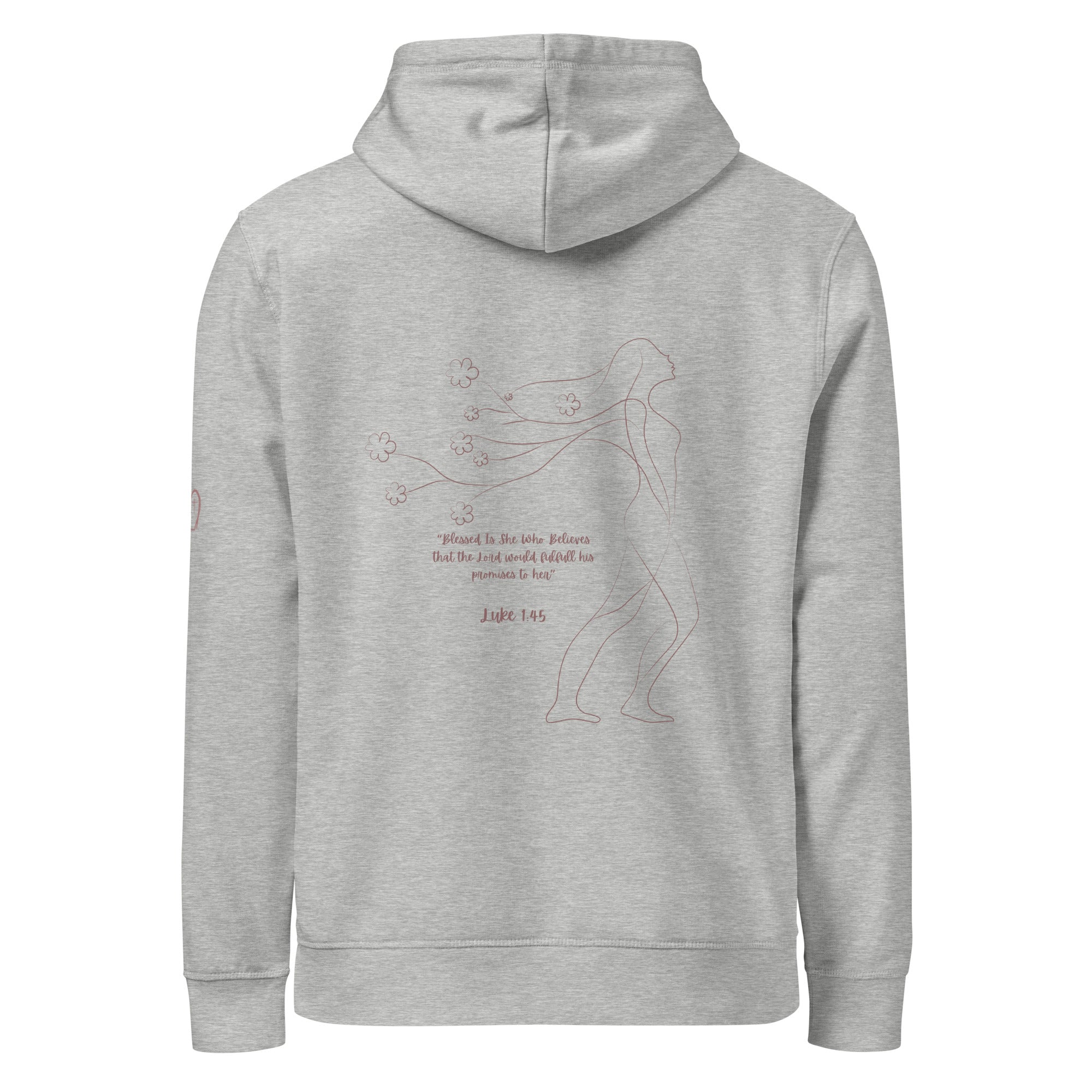 Product mockupWomen's Blessed Is She organic Christian hoodie in heather grey back view