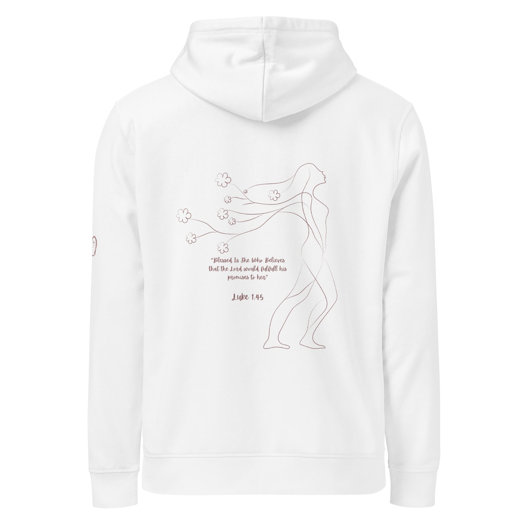 Product mockupWomen's Blessed Is She organic Christian hoodie in white back view