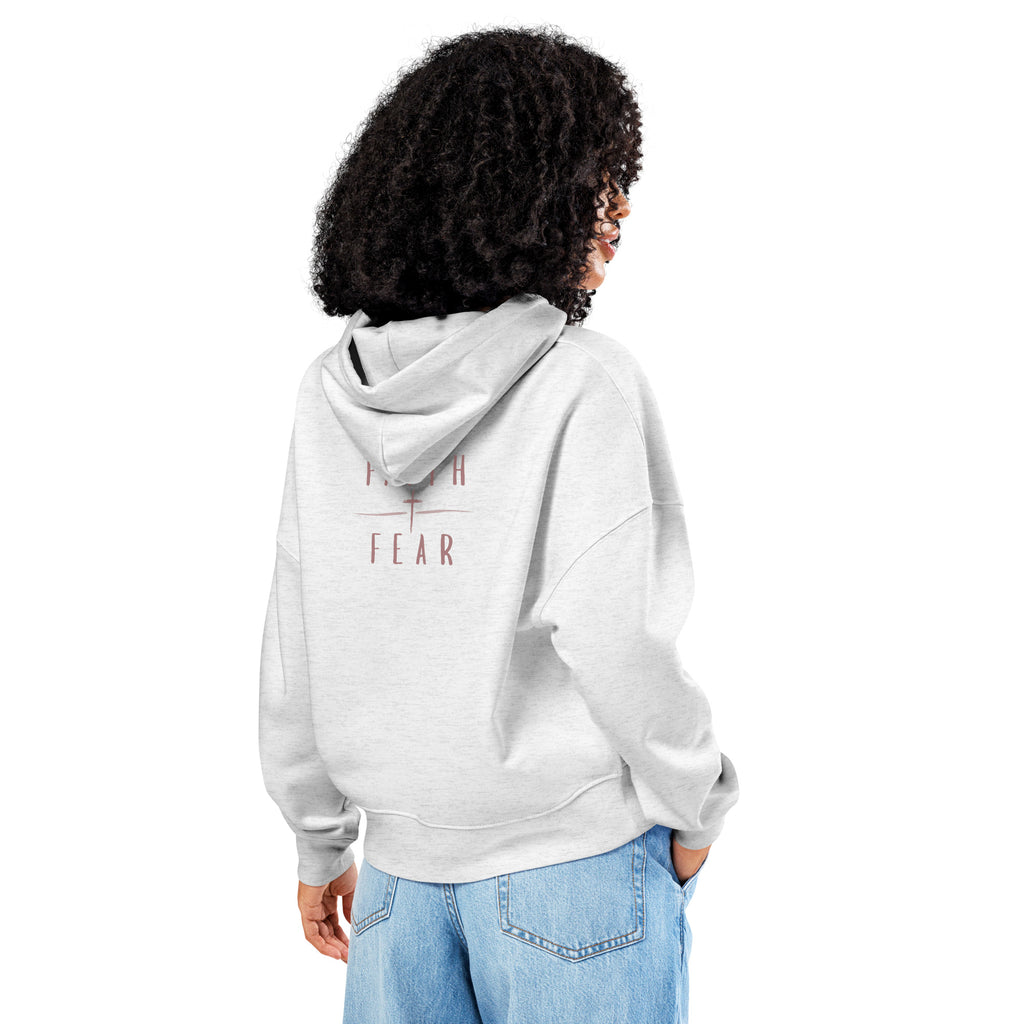 Women's Faith Over Fear signature Christian hoodie in Cool heather grey back view