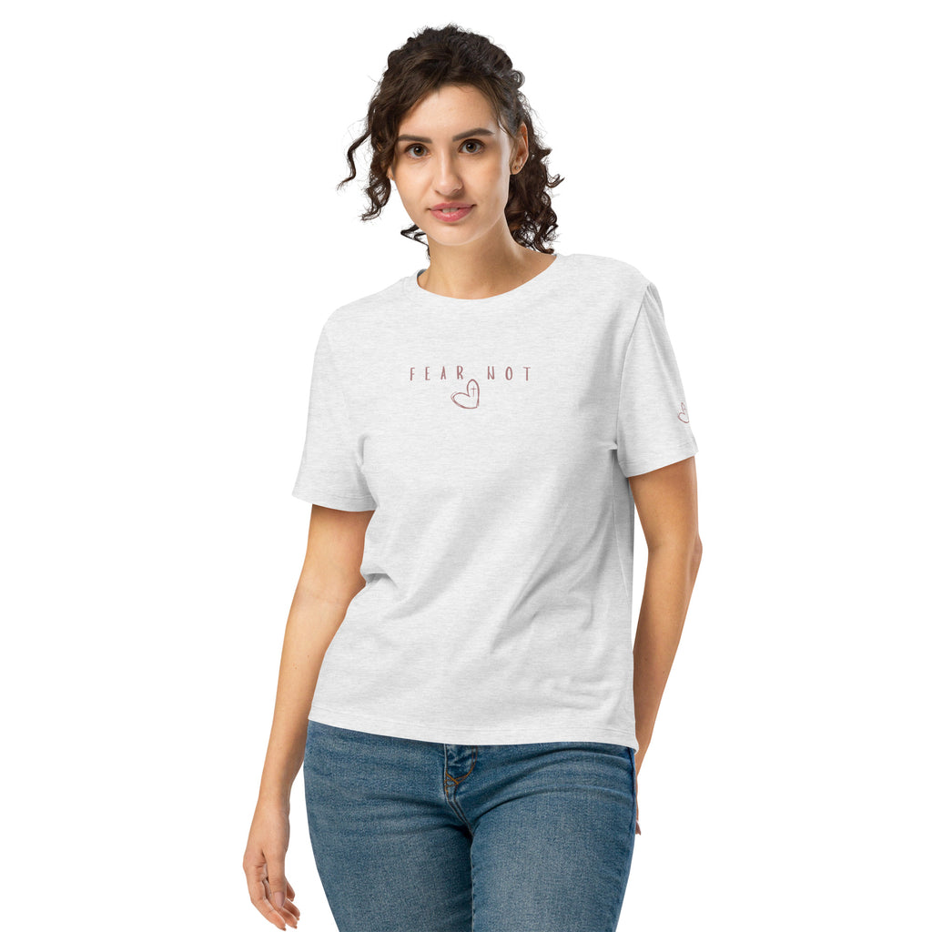Women's Fear Not organic Christian t-shirt in cool heather grey- front view