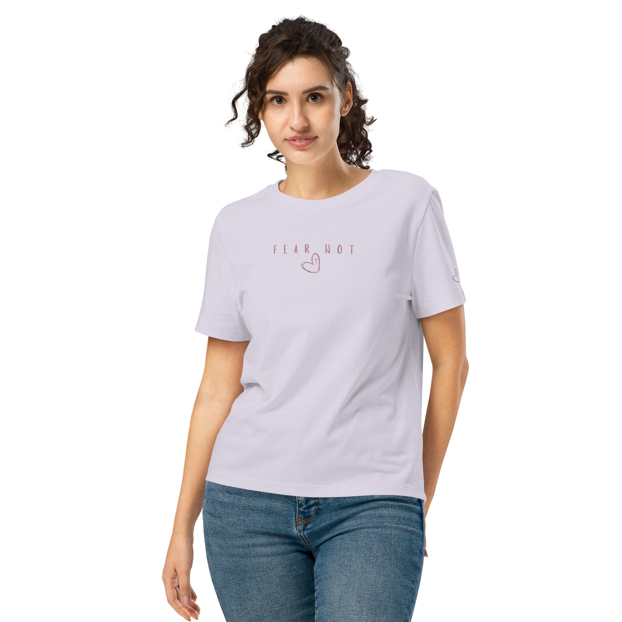 Women's Fear Not organic Christian t-shirt in lavender- front view