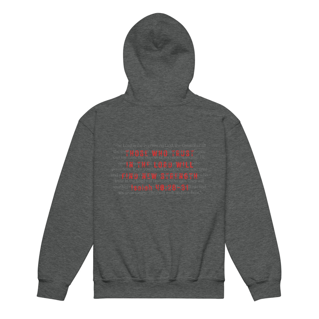 Youth Isaiah 40:28-31 Christian hoodie in dark heather back view