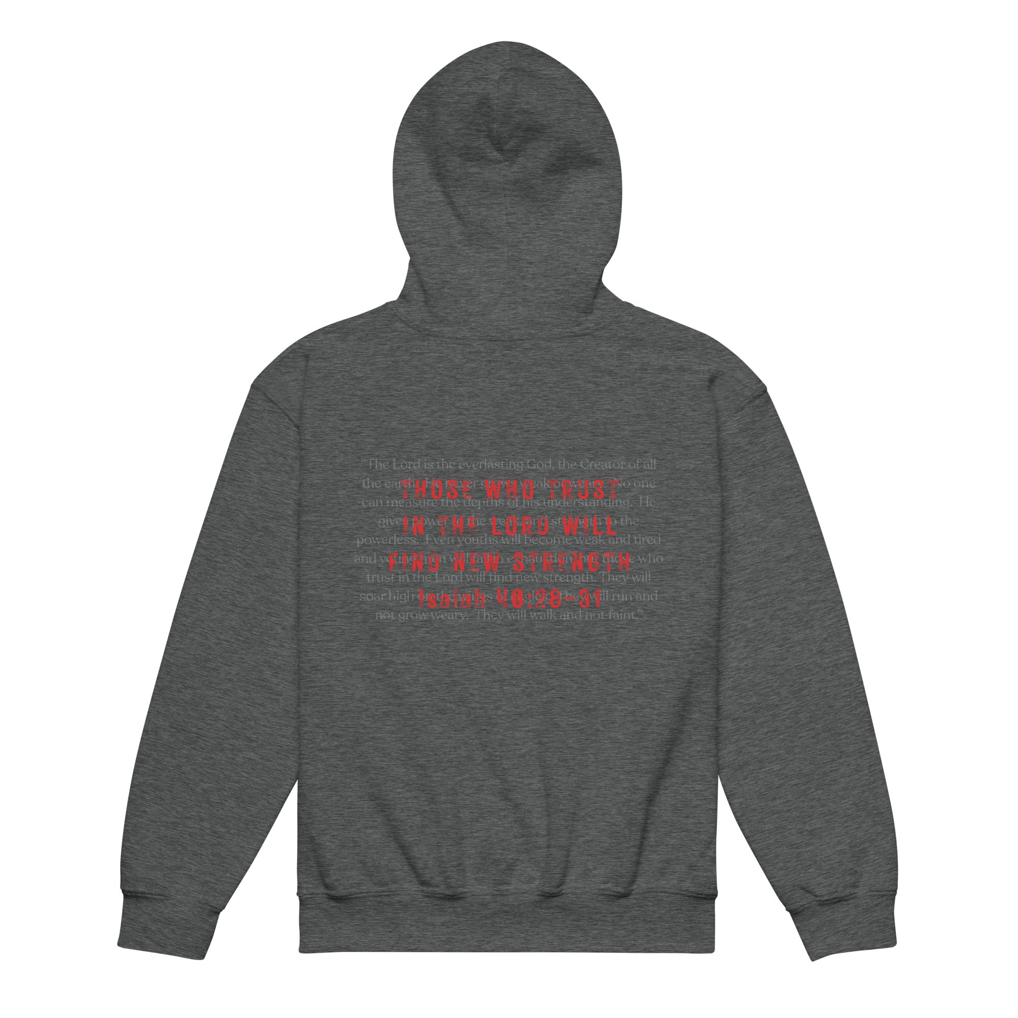 Youth Isaiah 40:28-31 Christian hoodie in dark heather back view