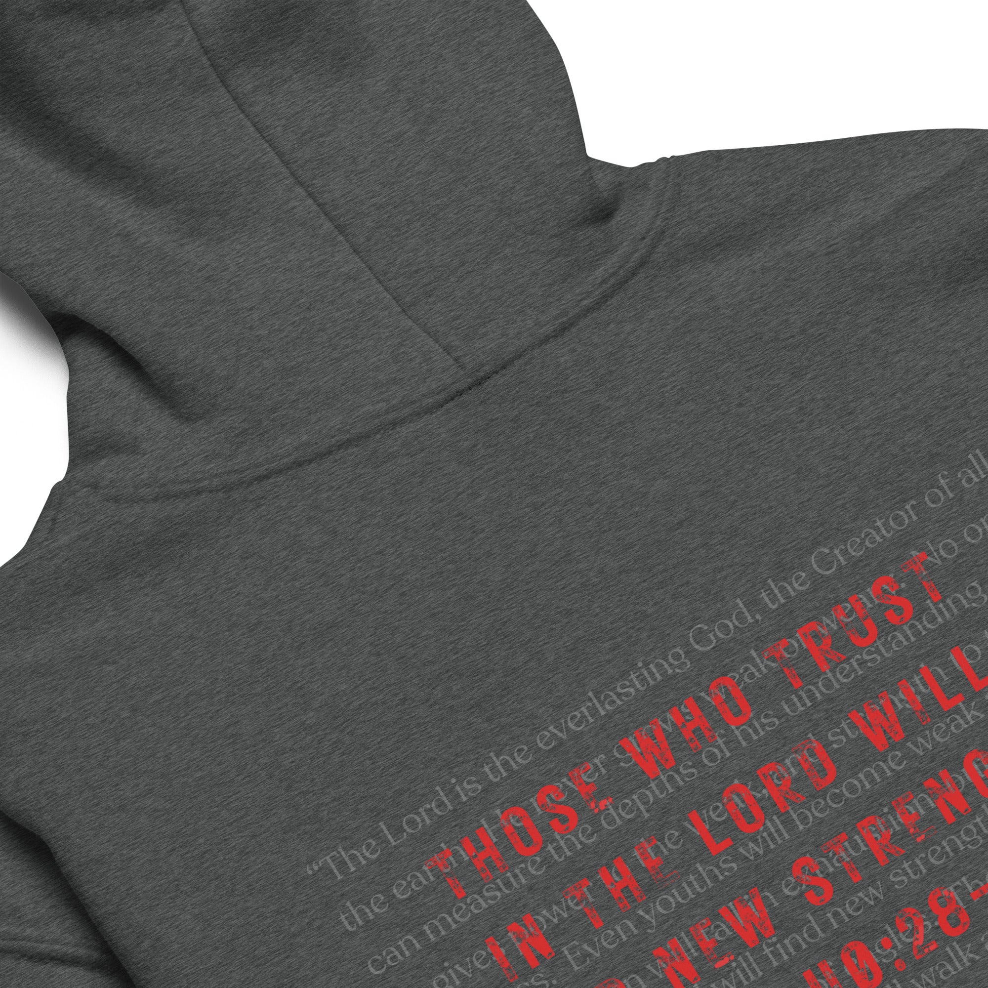 Youth Isaiah 40:28-31 Christian hoodie in dark heather- back view