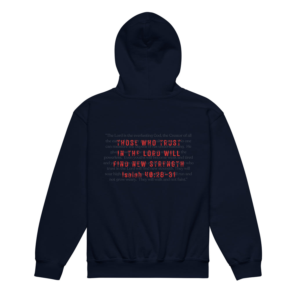 Youth Isaiah 40:28-31 Christian hoodie in navy - back view