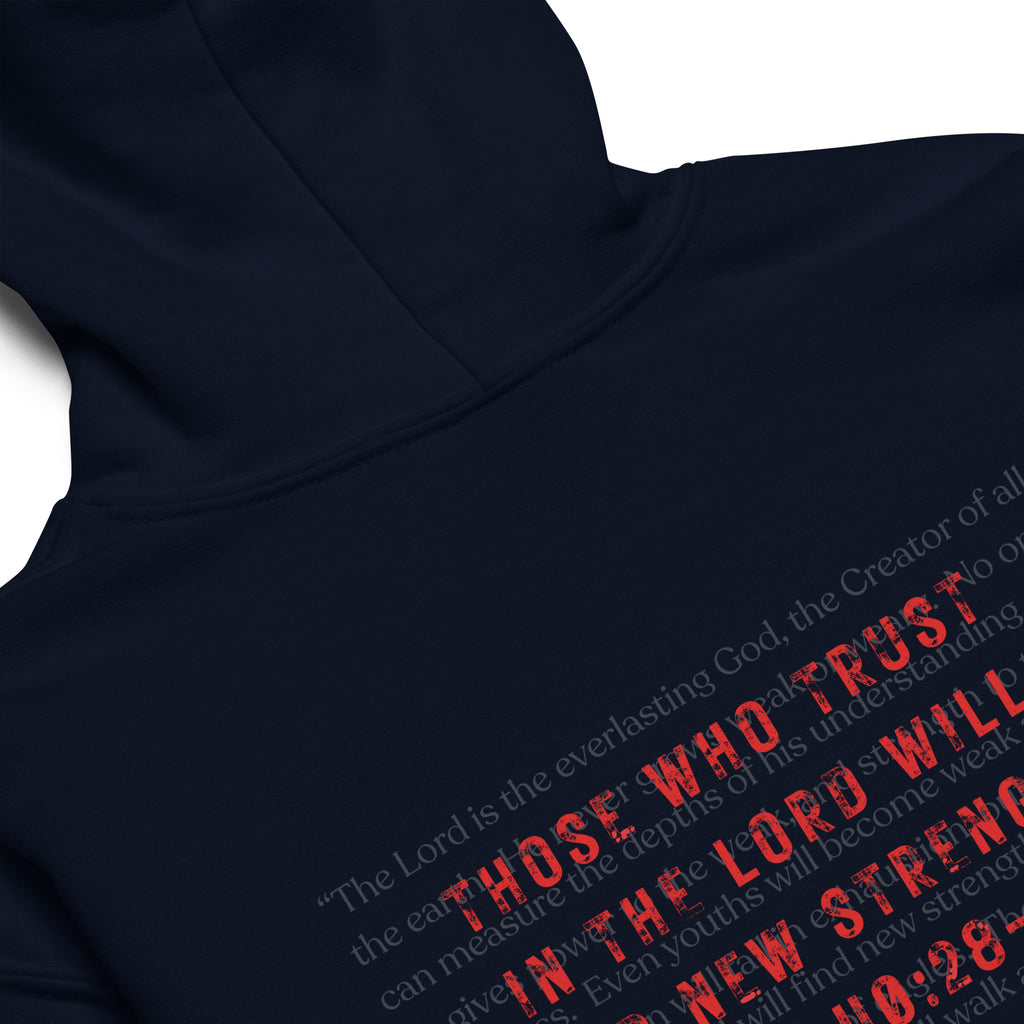 Youth Isaiah 40:28-31 Christian hoodie in Navy- back view