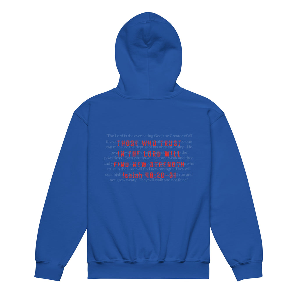 Youth Isaiah 40:28-31 Christian hoodie in royal - back view