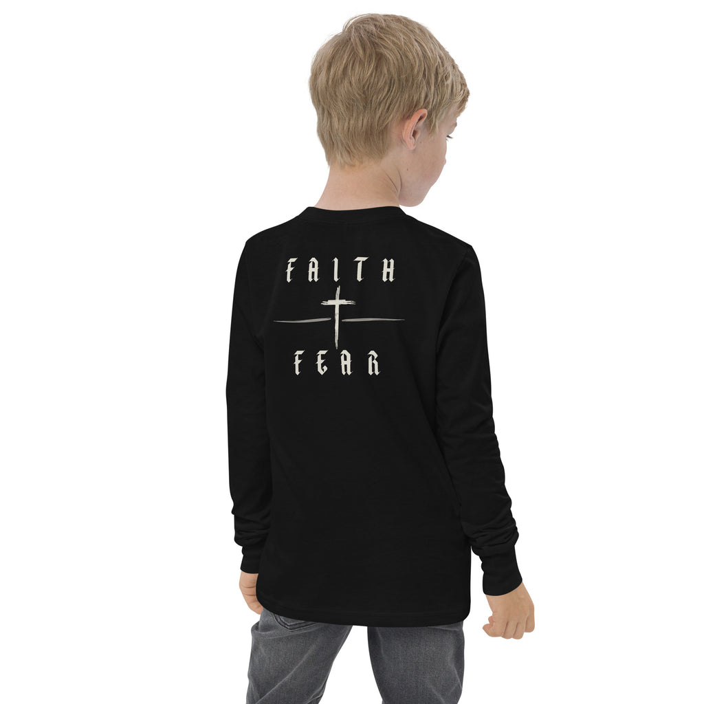 Youth Faith Over Fear long sleeve Christian t-shirt in black- back view