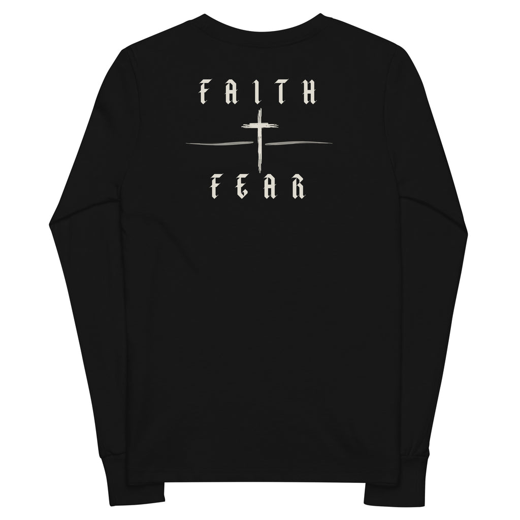 Youth Faith Over Fear long sleeve Christian t-shirt in black- back view