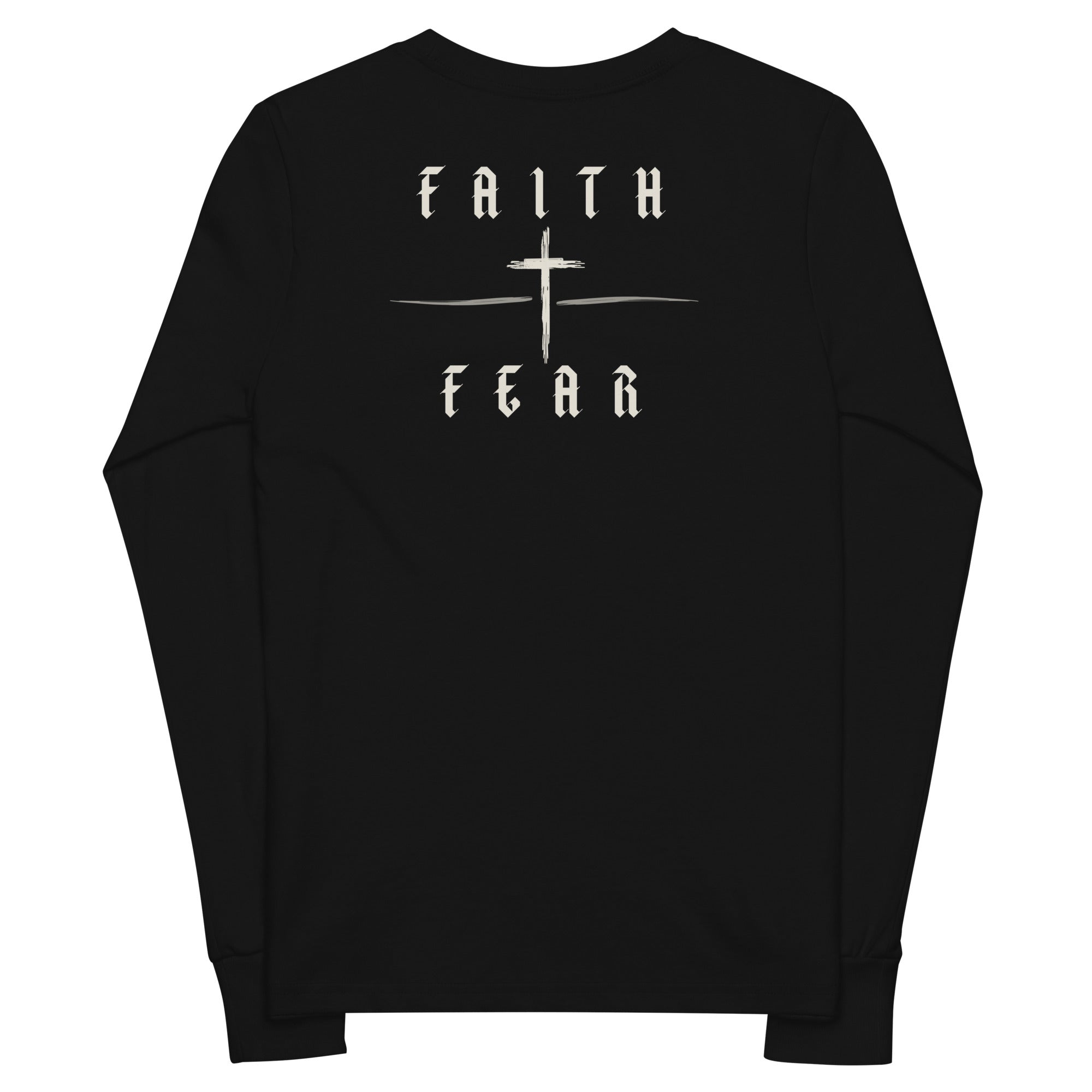 Youth Faith Over Fear long sleeve Christian t-shirt in black- back view